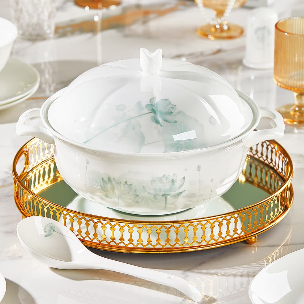 Tangshan Bone China Tigela de sopa de orelha dupla Panela de sopa grande doméstica com tampa 2026 Novo estilo de repolho
