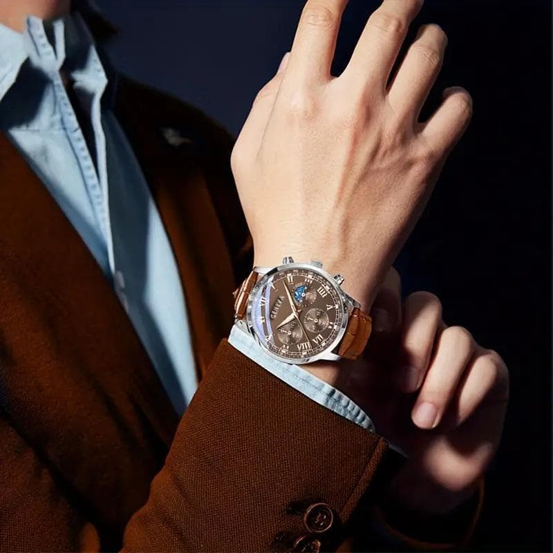 2025 novo estilo de venda quente relógio masculino negócios relógio automático vidro quartzo relógio falso três olhos re