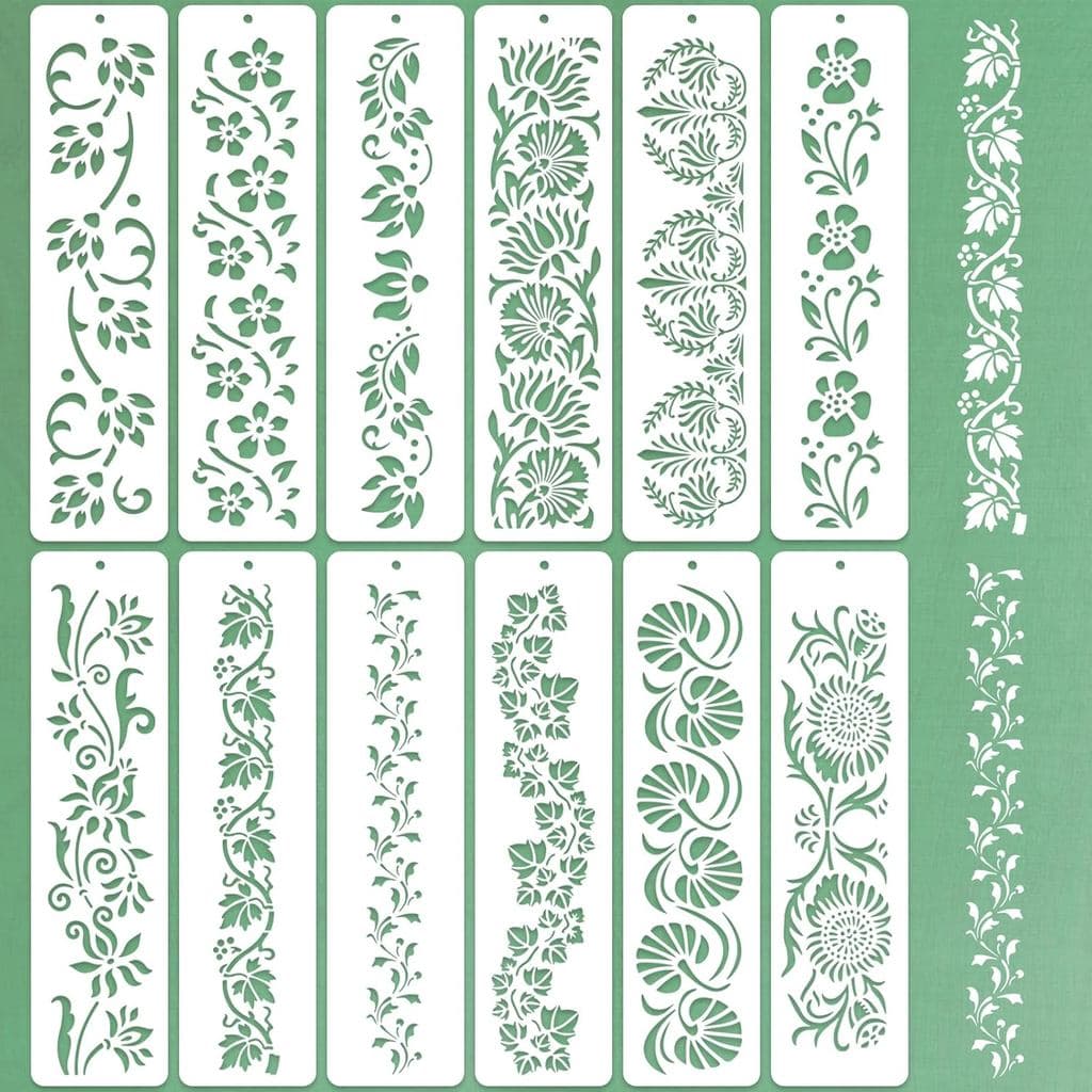 12 Estênceis Grandes de Bordas Florais para Pintura, Ferramenta Reutilizável de Plástico para Decoração de Bordas Florai