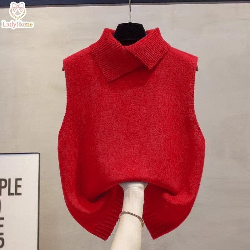 LADYH Colete Feminino De Malha De Cor Sólida Coreano Outono Inverno Lapela Sem Mangas Top Confortável Solto Roupa Elegan