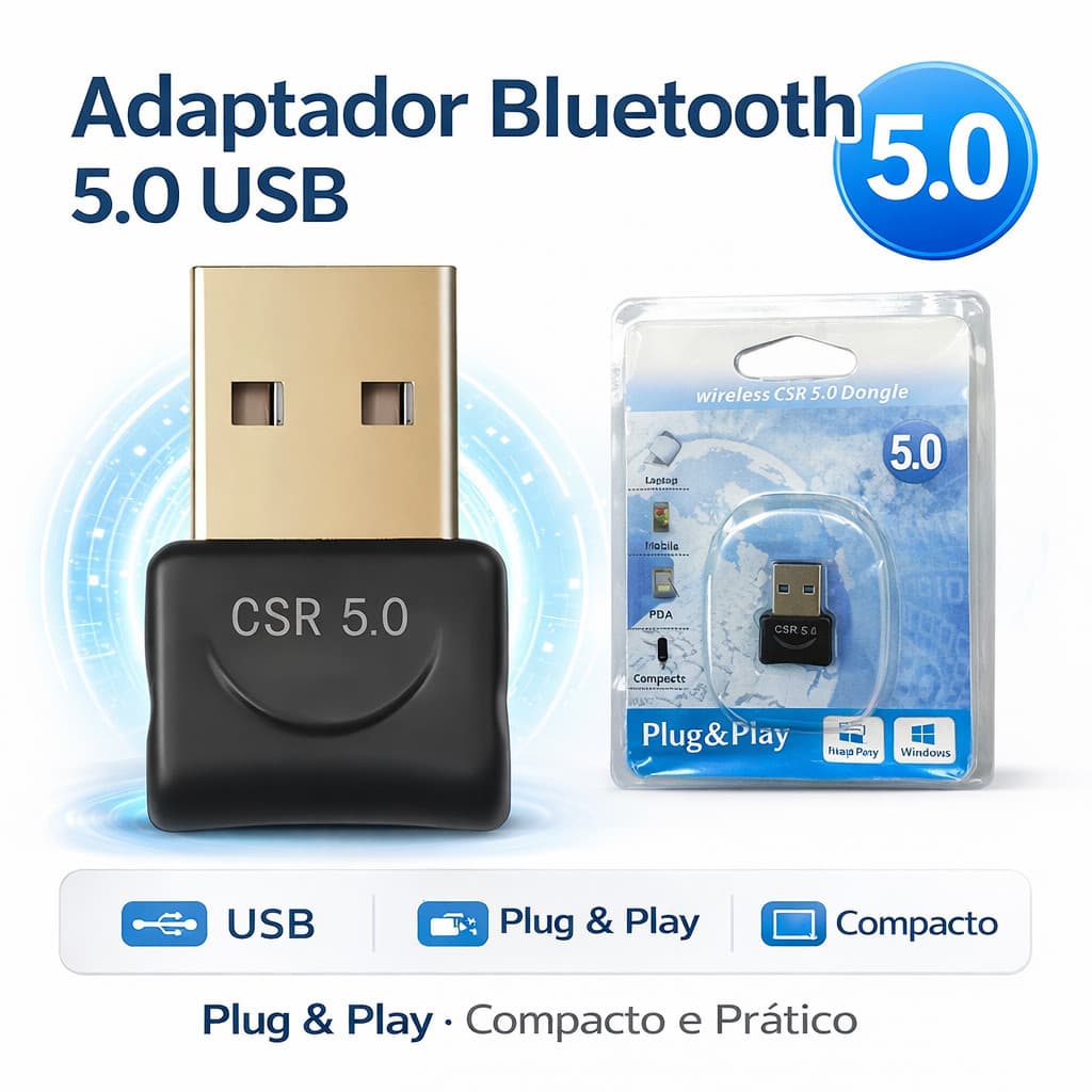 Adaptador Bluetooth 5.0 USB Transmissor de Áudio Sem Fio para Notebook e Carro ACHEI GLAM