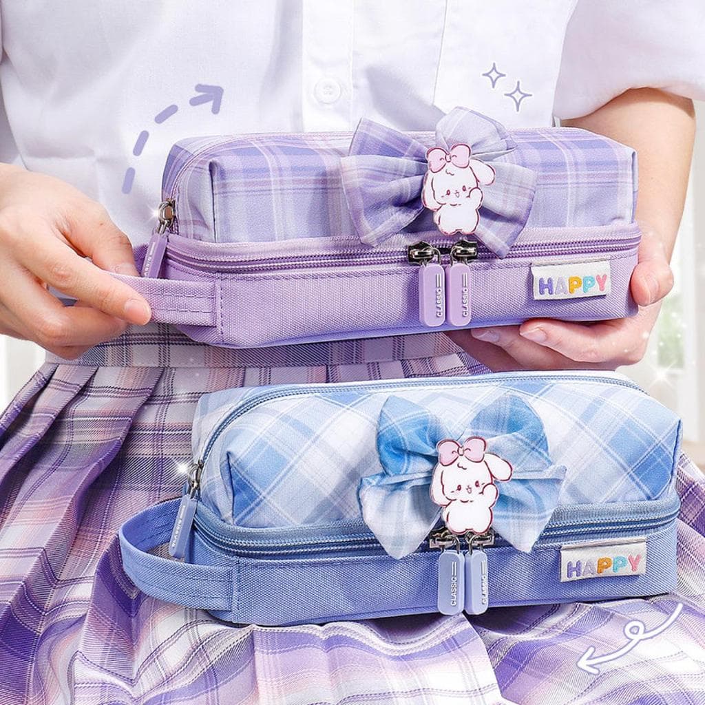 Estojo de lápis bonito portátil estilo Preppy estojo de lápis menina treliça bolsa de lápis multifuncional de grande cap
