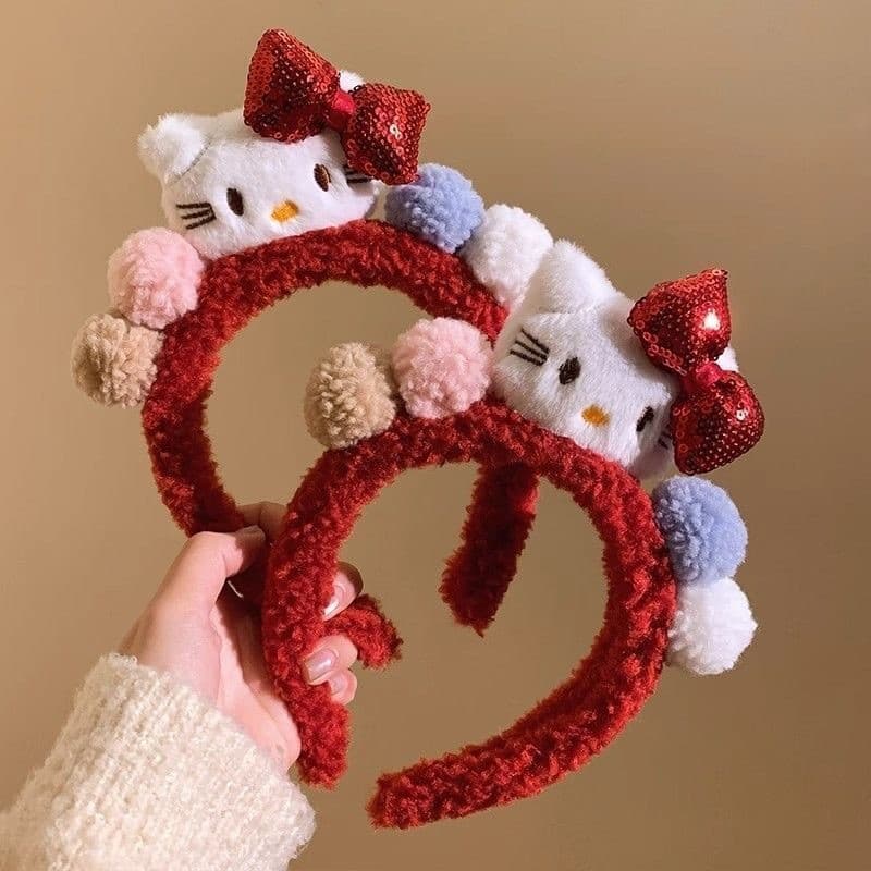 Tiara de pelúcia com um lindo padrão de gatinho vermelho, usada para lavar o rosto e como acessório de cabelo, uma tiara