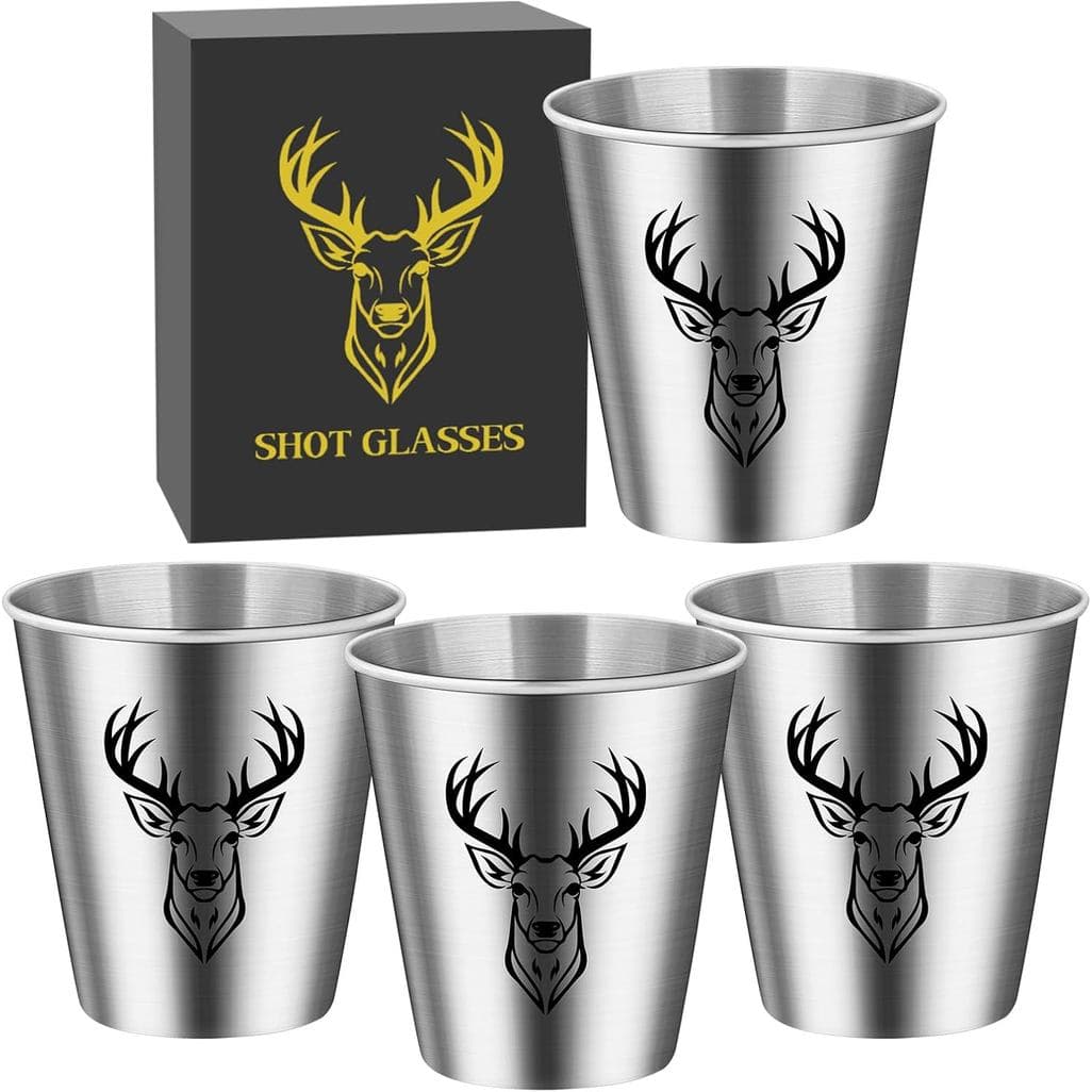 Conjunto de 4 Copos de Shot com Cabeça de Cervo em Aço Inoxidável, com Caixa de Presente, para Homens e Mulheres, Presen
