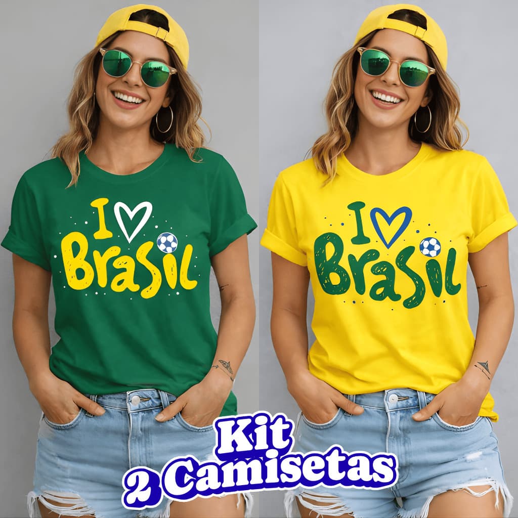Kit 2 Camisetas Femininas Brasil 100% Algodão Premium Copa 2026 Futebol Torcedora Casual Confortável