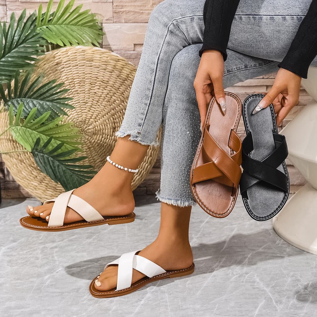 Mulher chinelo plano comércio exterior verão Casual High-End Retro dedo do pé aberto praia plana senhoras sandálias chin