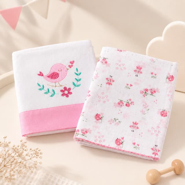 2 Toalha Bebê Tecido Fralda Bordada & Estampa Jardim Encantado Passarinho Kit Enxoval Nenem Menina