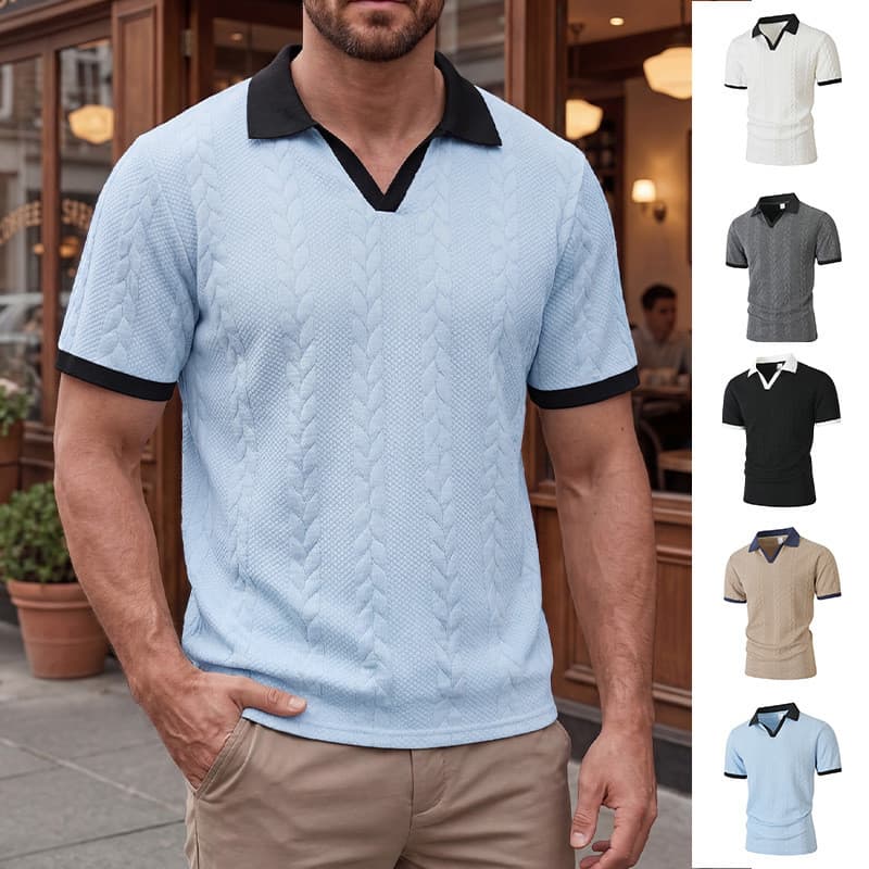 Costura manga curta POLO decote Valgus cor sólida Jacquard Casual estilo de negócios camiseta masculina
