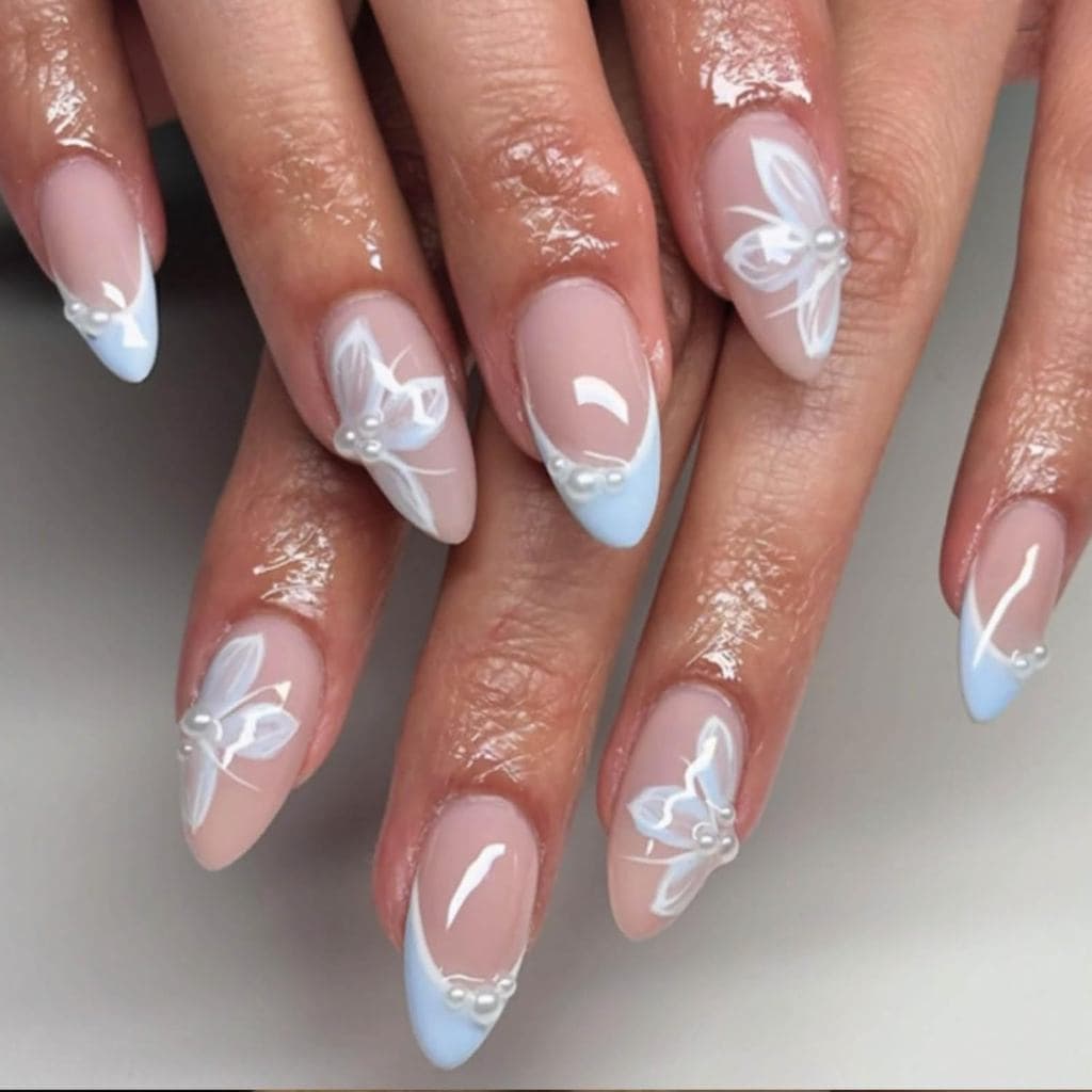 Prensa De Ponta Francesa De 24 Unidades Nas Unhas-Postiças Curtas De Amêndoa Com Design De Pérolas Acrílicas , Falsas Nu