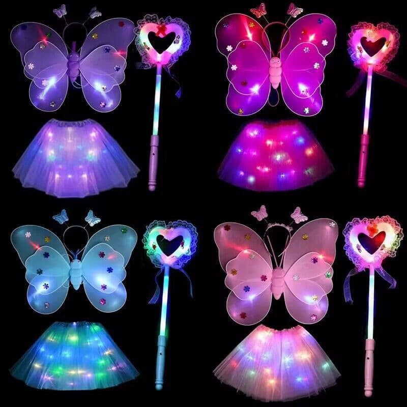 Crianças anjo luminoso asas de borboleta volta decoração brinquedo varinha mágica mostrar fada princesa saia rosa