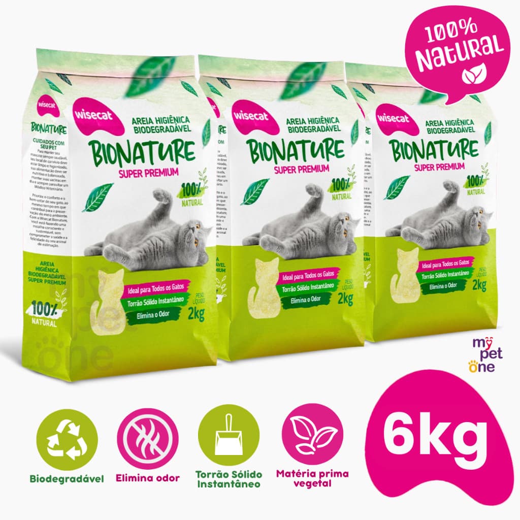 Kit 3 Areia Biodegradável 2 Kg Bionature para Gatos Wisecat