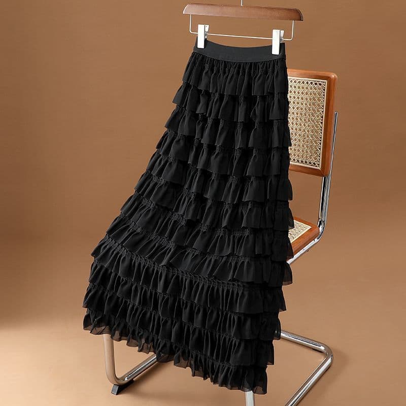 Saia de bolo de fada pequena redutora de idade feminina primavera verão camada Chiffon cintura alta elástica doce branco