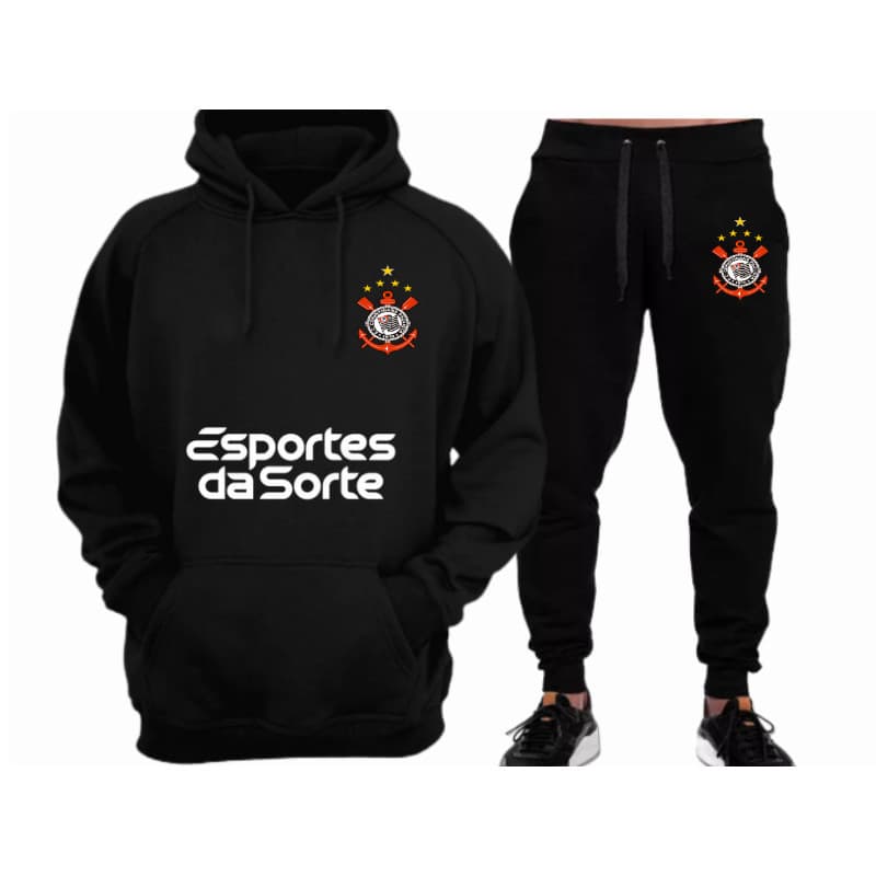 Conjunto Moletom Adulto Blusa de Frio Canguru Unissex Kit Blusa e Calça Moletom Torcedor Corinthians