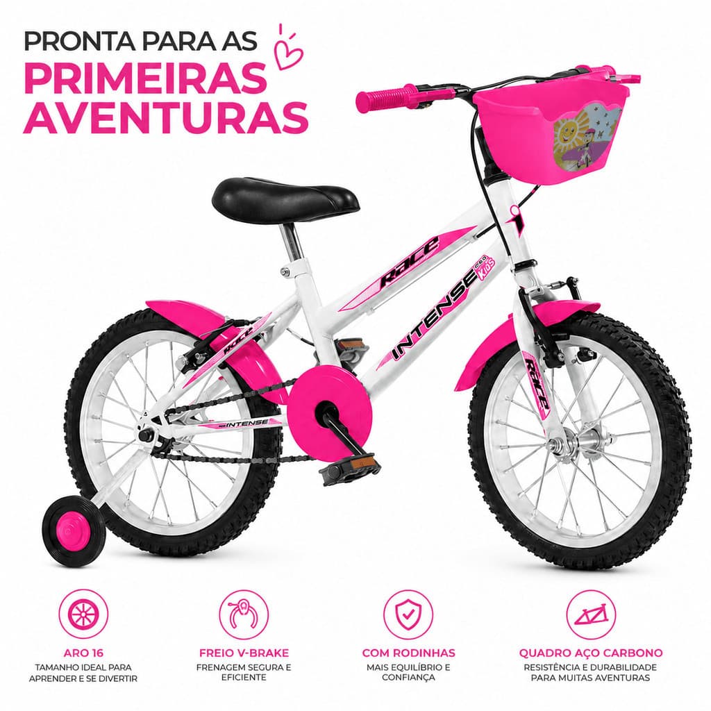 Bicicleta infantil Aro 16 V-brake Meninas com rodinha Colorida quadro Aço Carbono Intense Kids Cor Branca/Pink