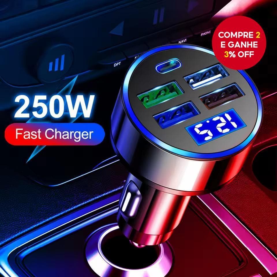 Carregador USB para carro Quick Charge PD QC3.0 com voltímetro e soquete, compatível com iPhone, Samsung e Xiaomi.