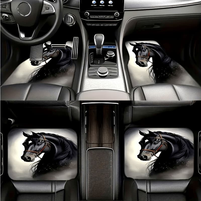 Conjunto de 4 peças de tapete para pés de carro com padrão de cavalo preto, tipo universal, tapete decorativo para carro