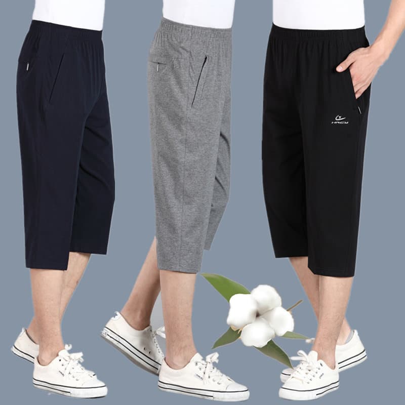 Verão estilo fino solto puro algodão Shorts esportivos masculinos de meia-idade calças cortadas casuais calças médias ex
