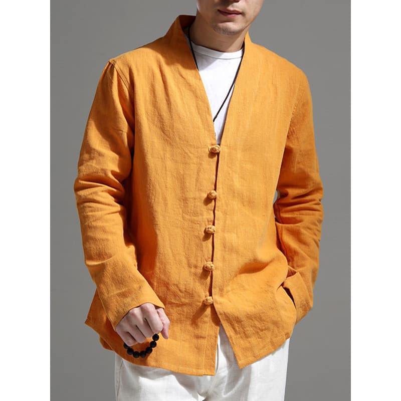 Estilo chinês disco botão com decote em v linho camisa de manga comprida masculina primavera outono jaqueta masculina Ca