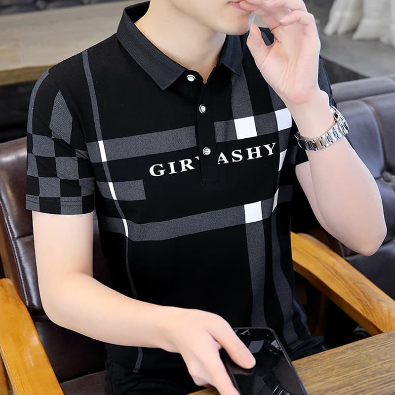 Contraste cor xadrez camisa polo masculina de manga curta camiseta masculina verão topo na moda High-End puro algodão la