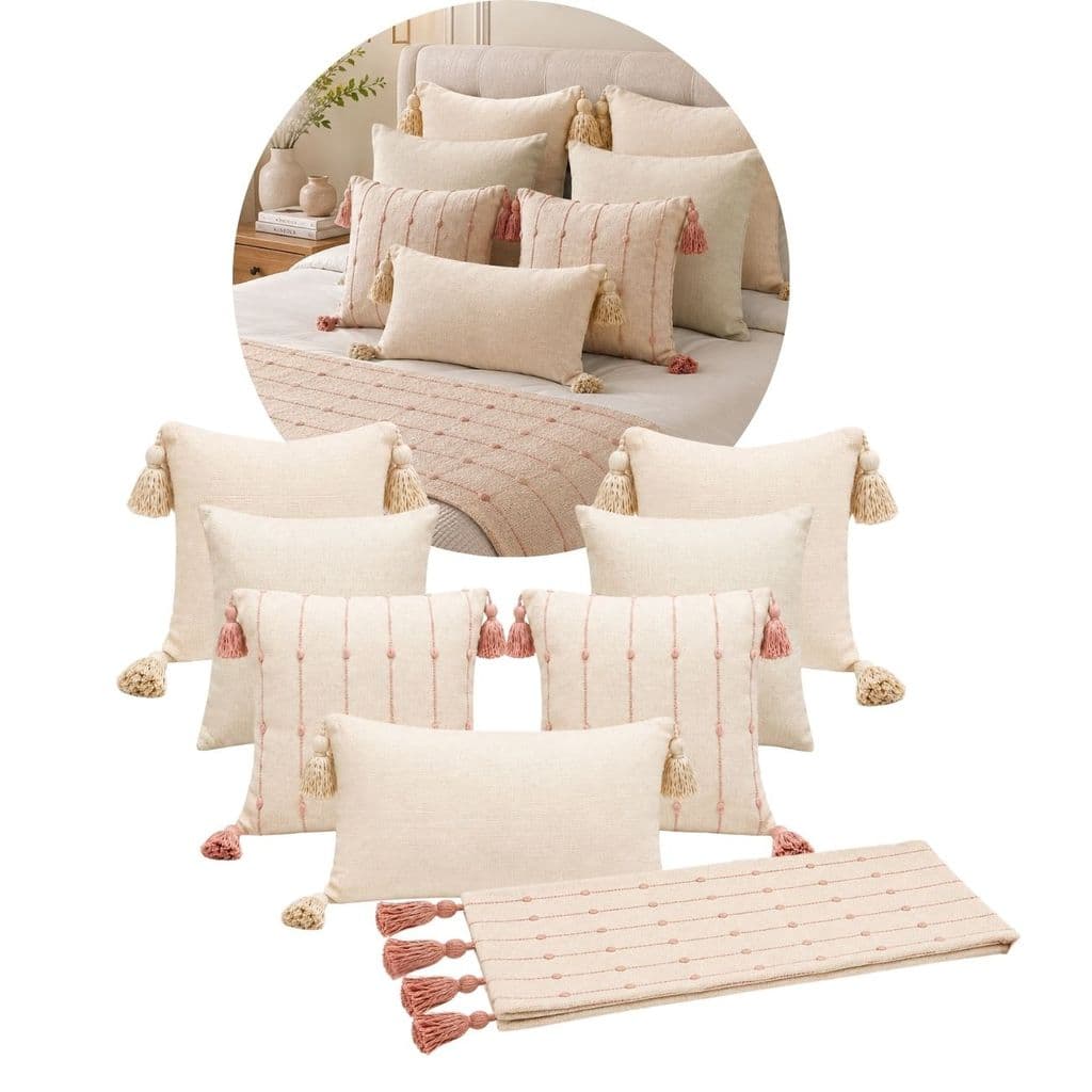 Kit 8 Peças Almofadas Decorativas + Peseira Rose Lona Panamá