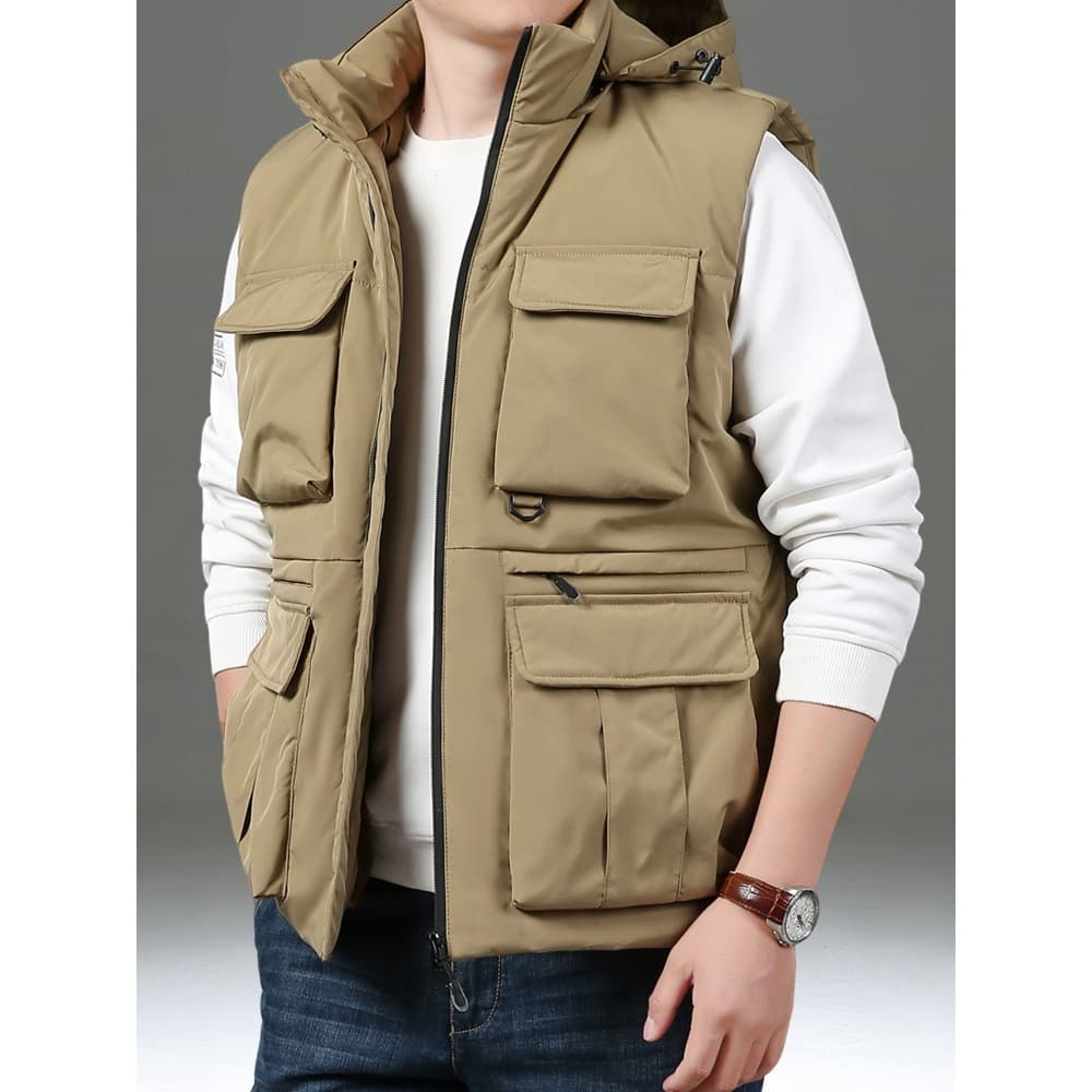Colete masculino escovado engrossado quente colete outono inverno ao ar livre Multi-bolso ferramentas Casual colete jaqu