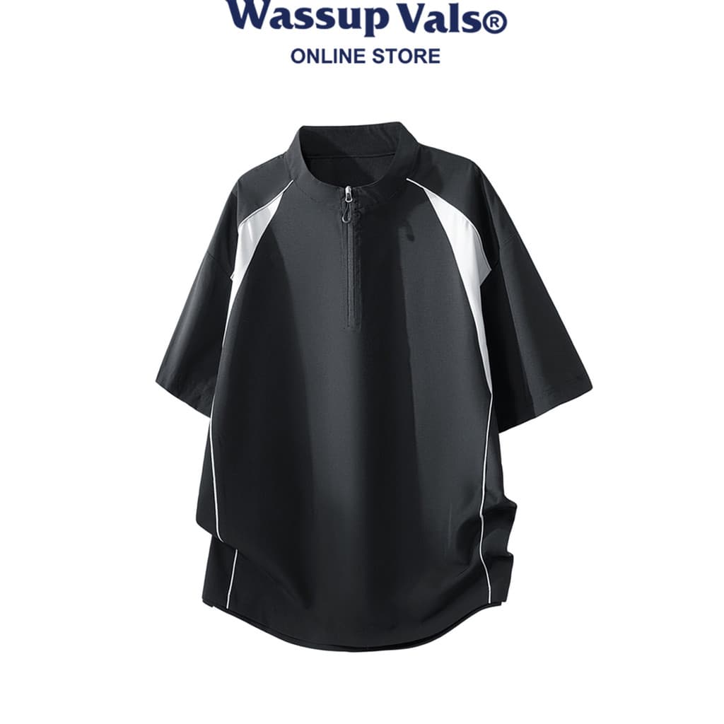 WASSUP VALS Americano Novo Estilo Verão Secagem Rápida Contraste Cor Camiseta de Manga Curta Masculina Meio Zíper Stand-