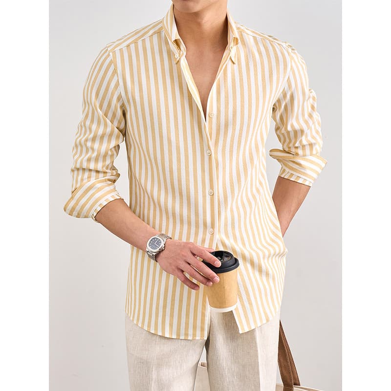Primavera outono novo estilo estilo italiano contraste cor listrado Seersucker respirável manga longa Casual Commuter Al