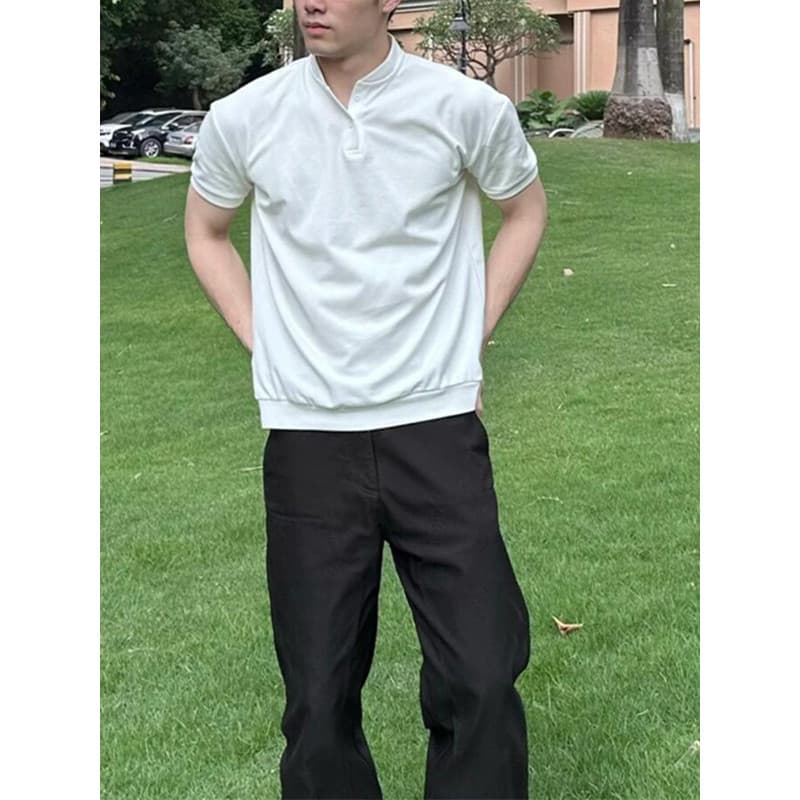 Branco Solona gelo seda de manga curta Henry colarinho genuíno ombro camiseta masculina verão rufião bonito High-End mei