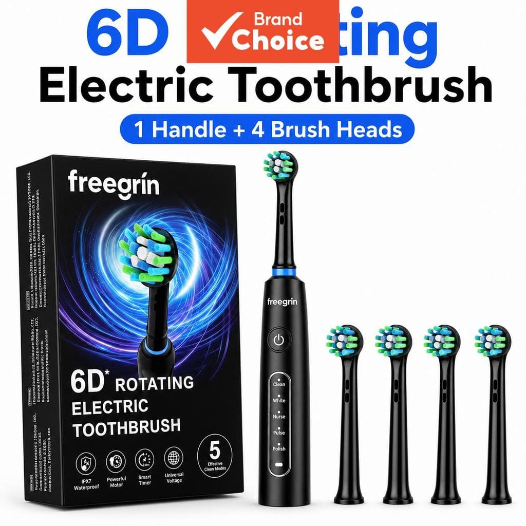 Escova de dentes elétrica Freegrin 6D rotativa, 5 modos de limpeza, temporizador de 2 minutos, 4 cabeças de escova,