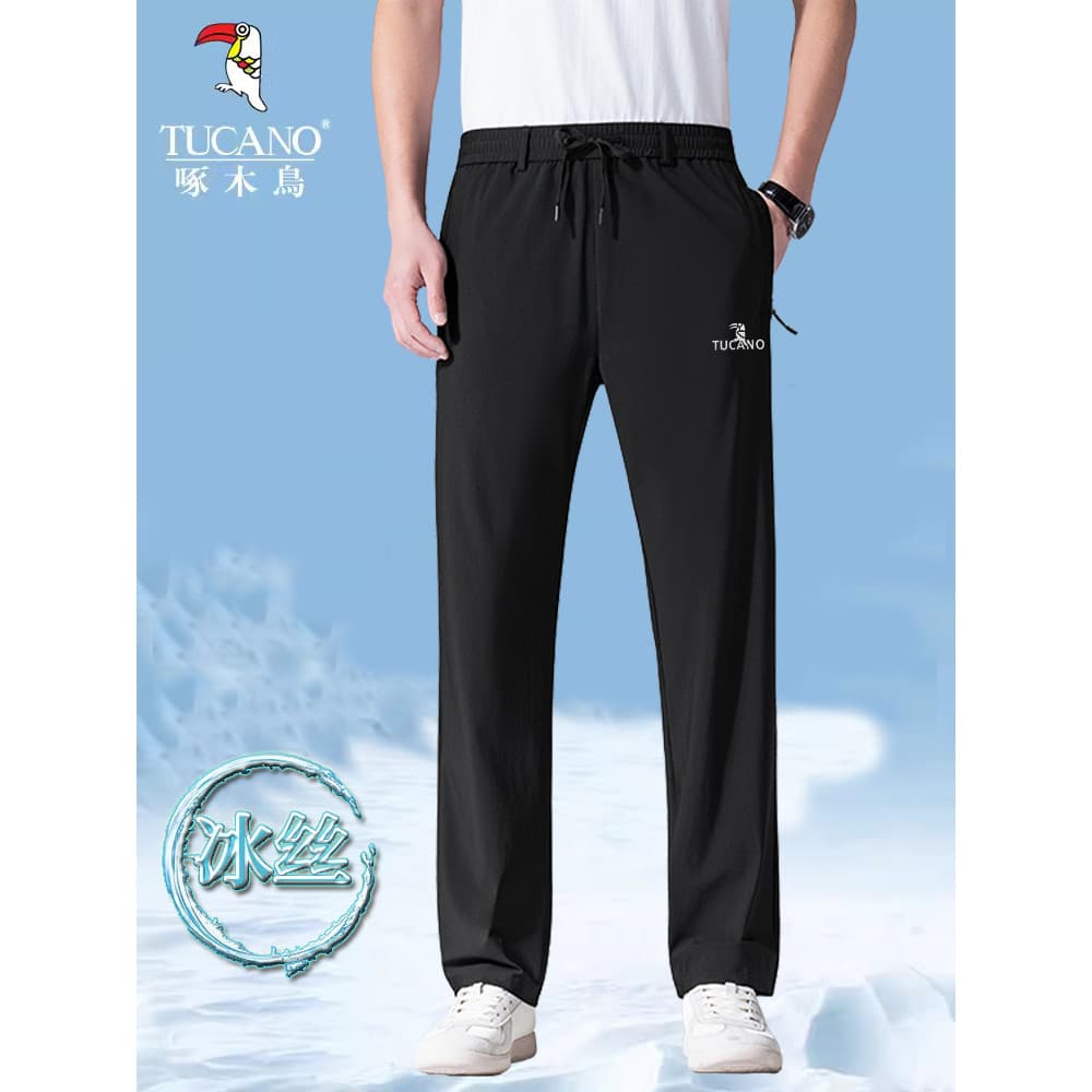 Woodpecker calças de seda gelo masculino verão fino Extra grande tamanho em linha reta solta Casual sensação legal de se