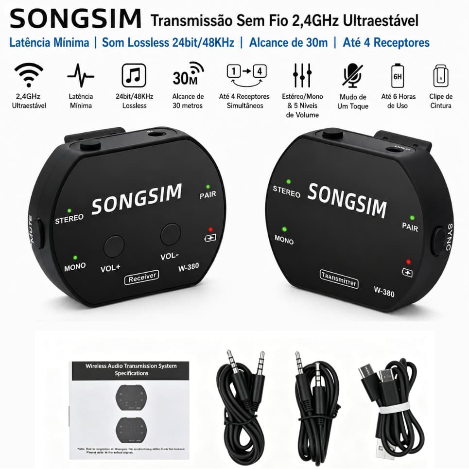 Monitor In Ear Sem Fio 2.4GHz Com Transmissor E Receptor Baixa Latência