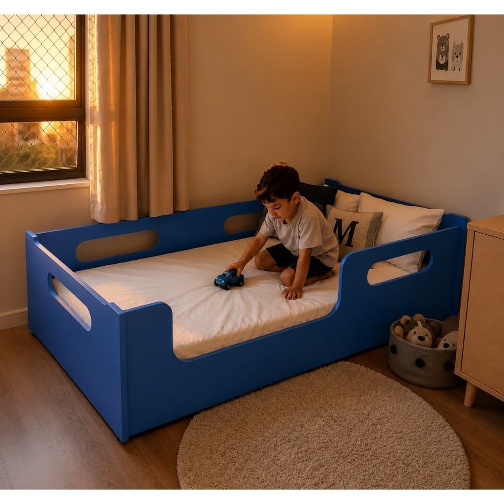 Cama Encanto Sem Colchão Azul Montessoriana Infantil Segura Grade Proteção Quarto Do Bebê Moderna Resistente
