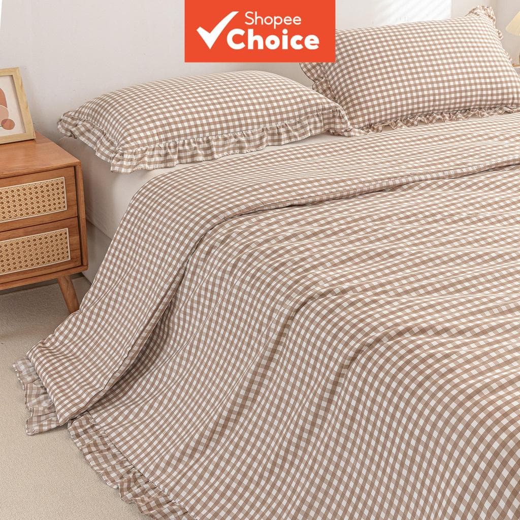 Conjunto De Cama Pastoral Country De 3 Peças – Capa De Edredom Com Babados Xadrez De Microfibra 100 % Ultramacia 1 + 2 F