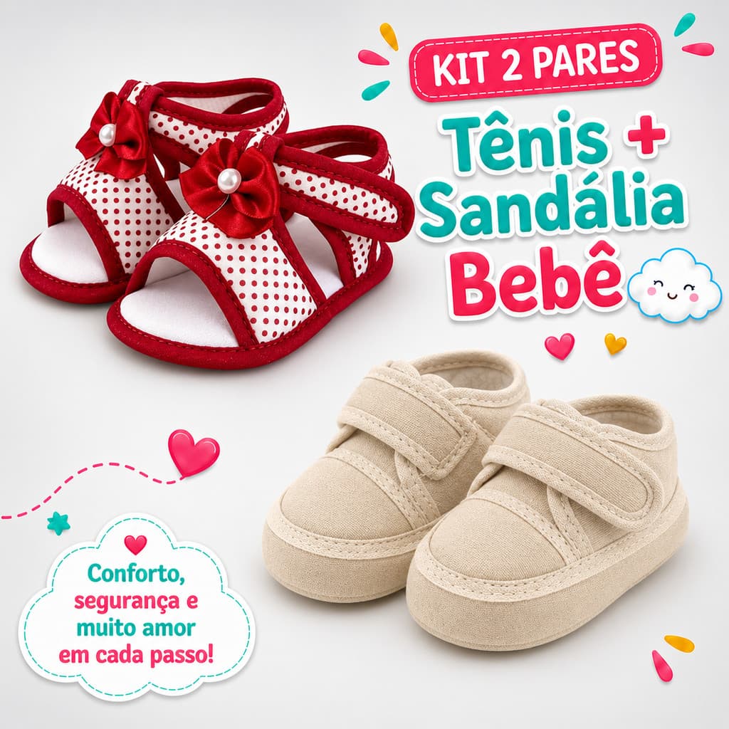 Kit 2 Pares Tênis e Sandália Bebê Infantil Tecido Molinho Bege Vermelho Maternidade Recém-Nascido