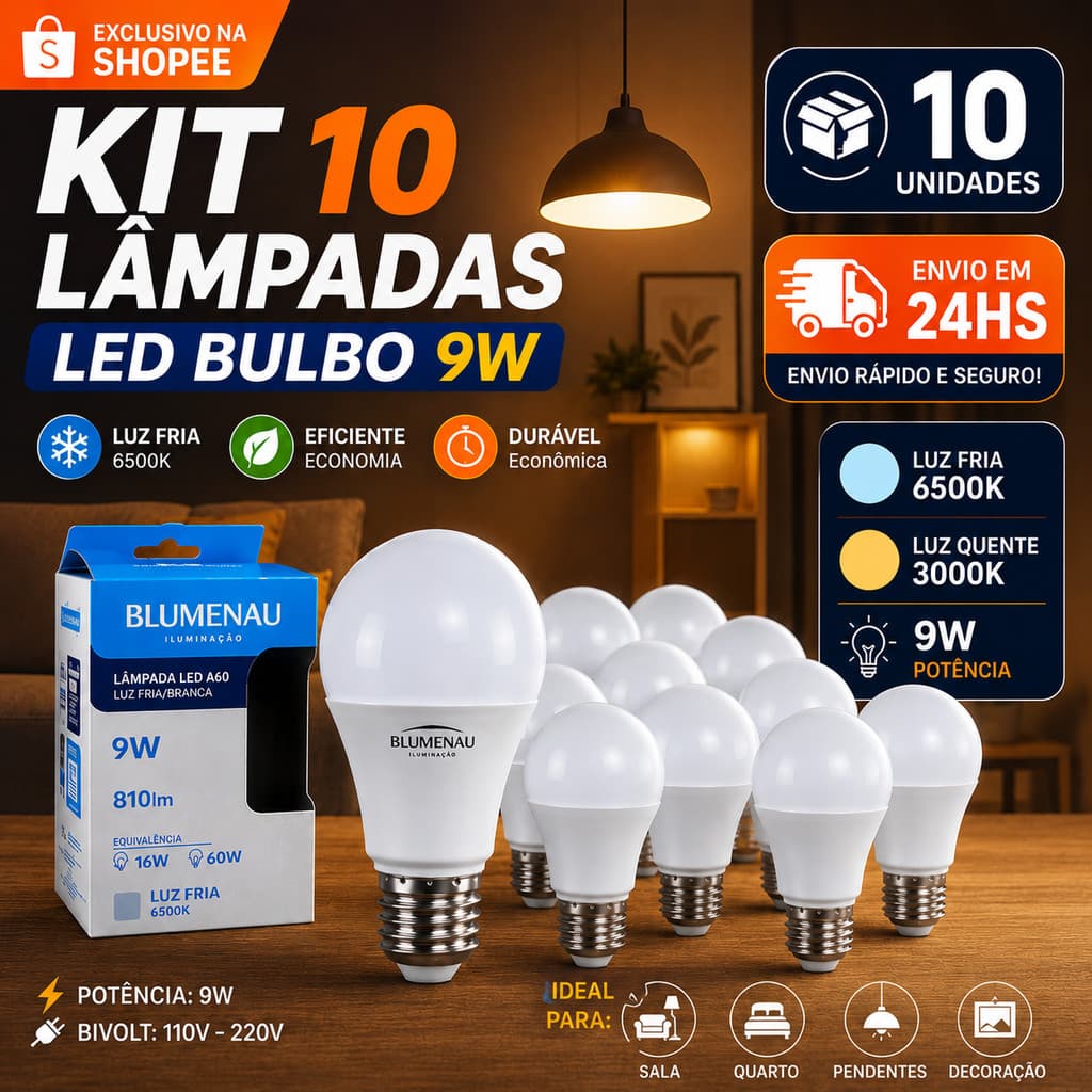10 Lâmpadas Bivolt Led 9W Iluminação Bulbo A60 Pera Branco Frio 6500K Branco Quente 3000K Luz Amarela E27 Bolinha globo