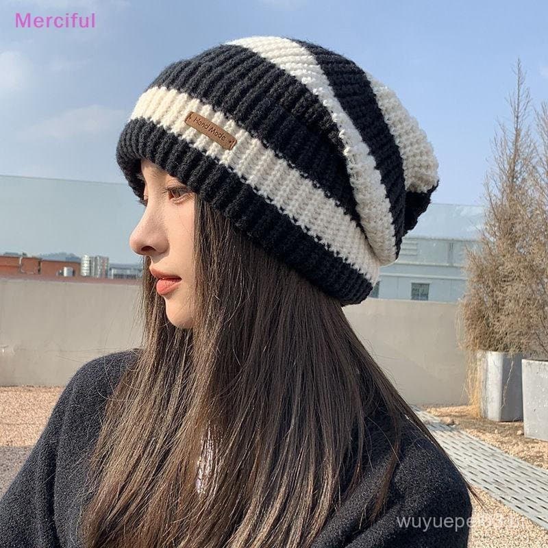 [Mer] Chapéus Quentes De Inverno Para Mulheres , Gorros Casuais De Malha Manchada , Masculinos Listrados , Hip Hop , Uni