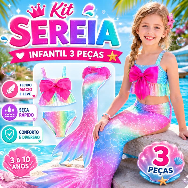 Kit Cauda De Sereia Infantil Com Biquini Fantasia Menina 3 Pecas Trio Praia Piscina Luxo