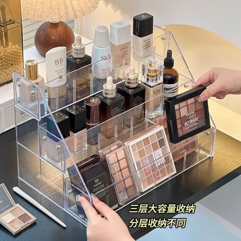 Prateleira de luxo com luz cosmética, armazenamento de mesa, batom, paleta de sombras, cômoda de maquiagem, cabine de ex