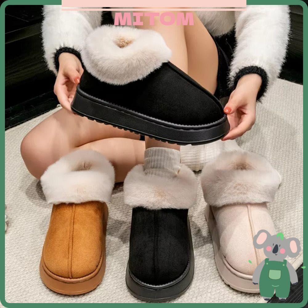 Snow Boots, Soft Fluffy Plush Slippers, Non-Slip Cotton Shoes with Thick Fur Bottom