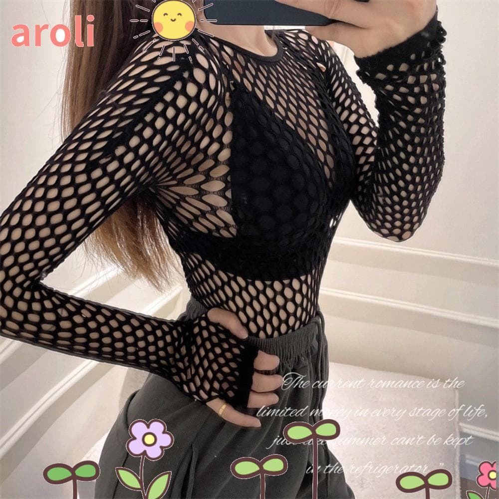 Top Arrastão AROLI , Camiseta De Malha De Material Transparente Vazado , Design Slim Fit Cor Preta