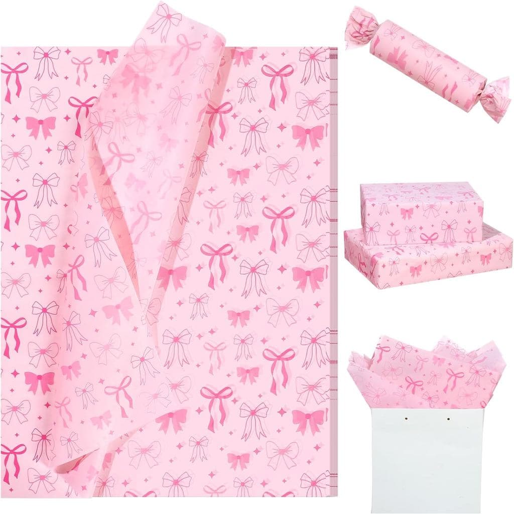 100 Folhas de Papel de Seda Rosa com Laços para Sacolas de Presente, Papel de Seda para Embalagem de Presentes com Laços
