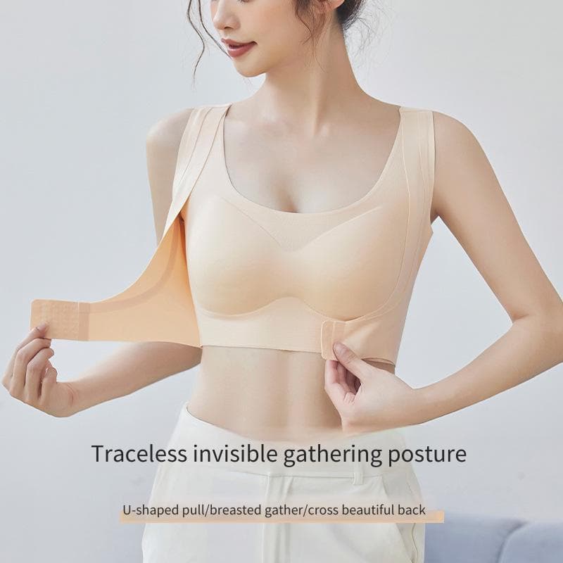 Roupa íntima invisível sem costura feminina dois em um recebendo seios laterais tipo ajustável sutiã de correção de post