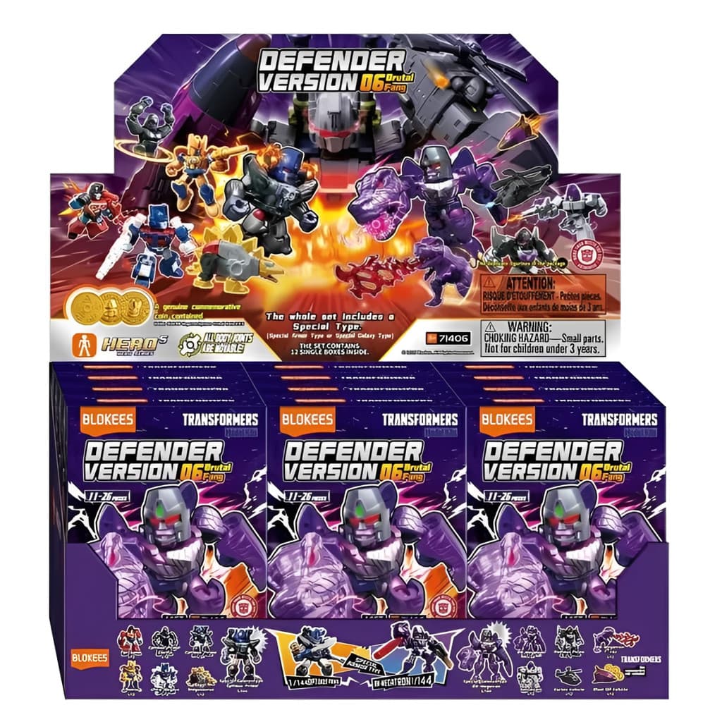 Display com 12 Bonecos Coleção Transformers Defender Version 06 Brutal Fang Surpresa Mini Blokees