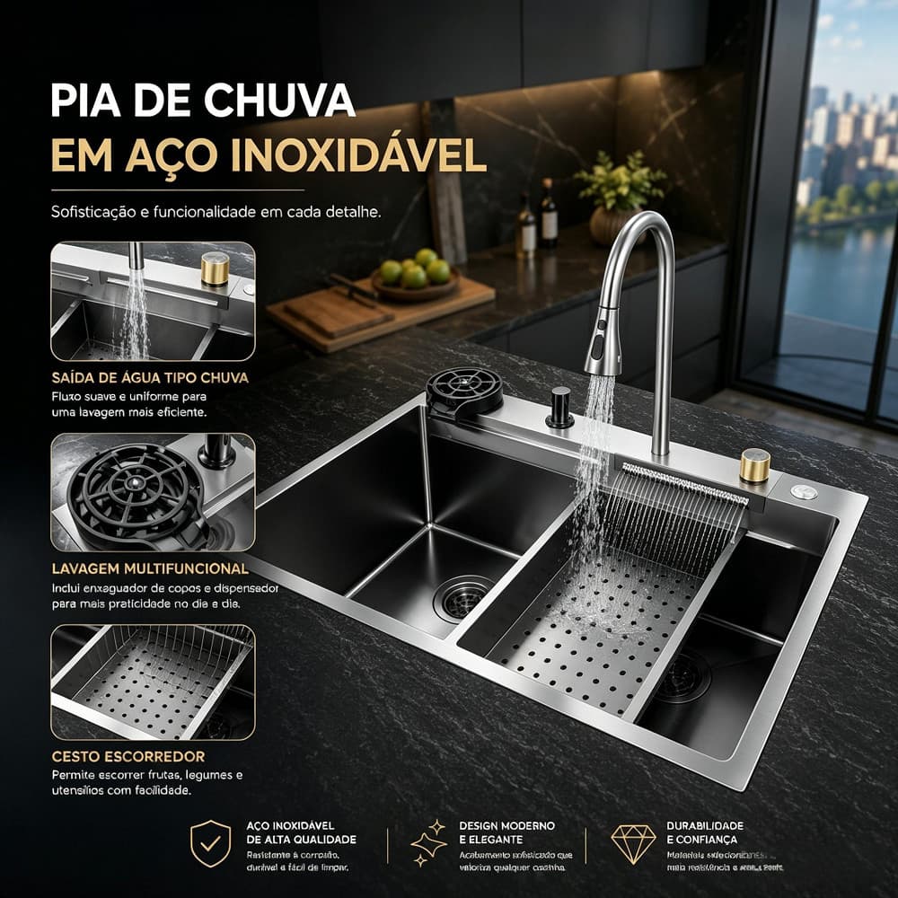 Cuba Cascata Gourmet Aço Inox 304 75x45cm com Kit Multifuncional Inteligente e Torneira Lavador de Copos para Cozinha