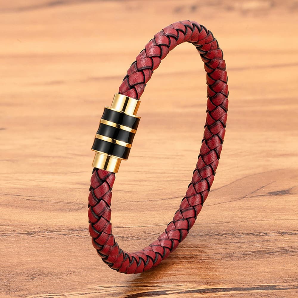 Estilo Simples Masculino Pulseira De Couro Preto Vermelho Fecho De Aço Inoxidável Acessórios Neutros Mão-Tecido Charme J