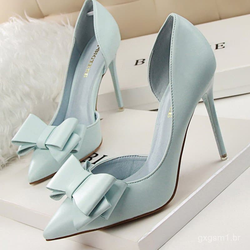Sapatos de Salto Alto de 7,5cm e 10cm com Laço Fofo, Salto Médio e Baixo, Sapatos Amarelos de Noiva para Mulheres