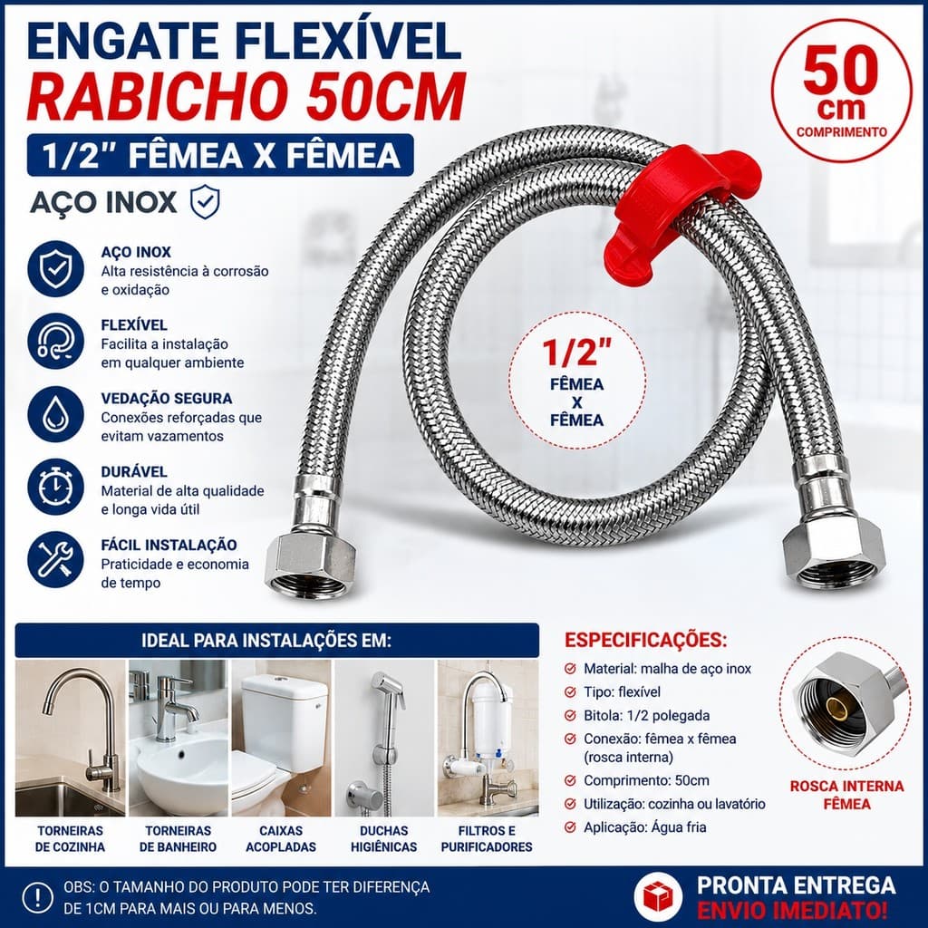 Kit Engate Rabicho Flexível Mangueira Aço Inox 50cm 1/2 Polegada Fêmea x Fêmea Banheiro Torneira Pia