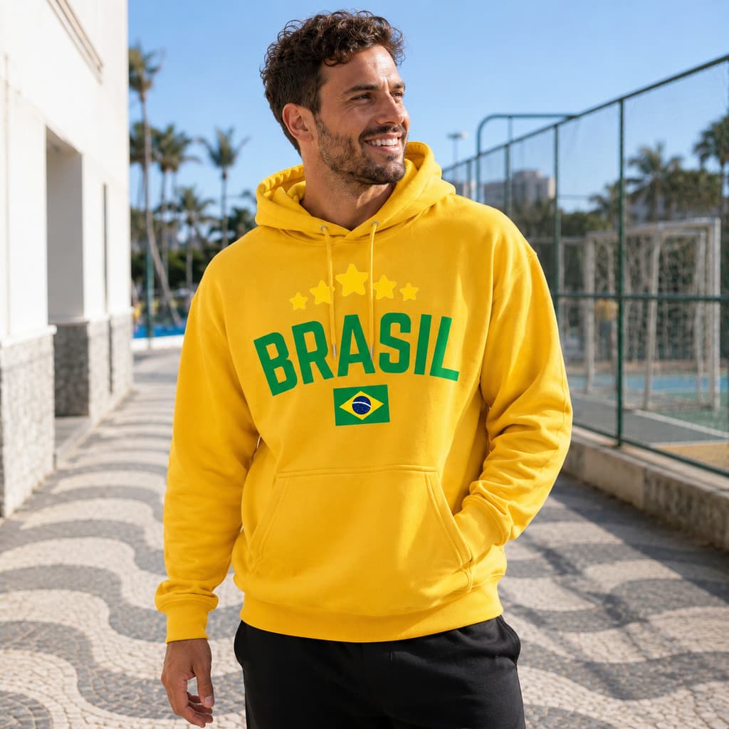 Moletom Canguru Estampa Brasil Torcedor Seleção Brasileira Copa Futebol Premium 3 Cabos