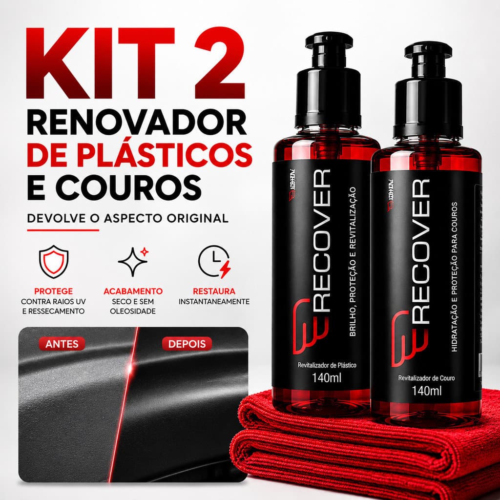 KIT 2 Recover Revitalizador De Plásticos 140ml Carro Interno Externo Proteção UV Automotivo Com Esponja