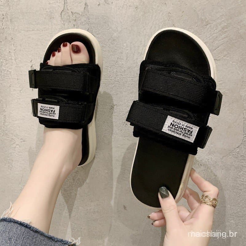 48 horas de entrega sandálias chinelos femininos exterior Wear ins moda chinelos 2025 novo estilo Velcro de sola grossa